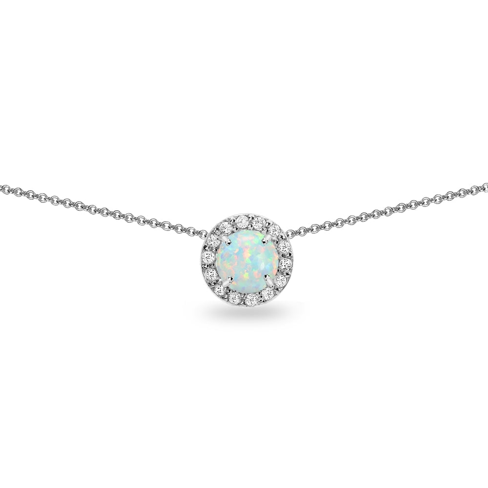 Sterling Silver Created Opal & White Topaz Round Halo Slide Choker Necklace