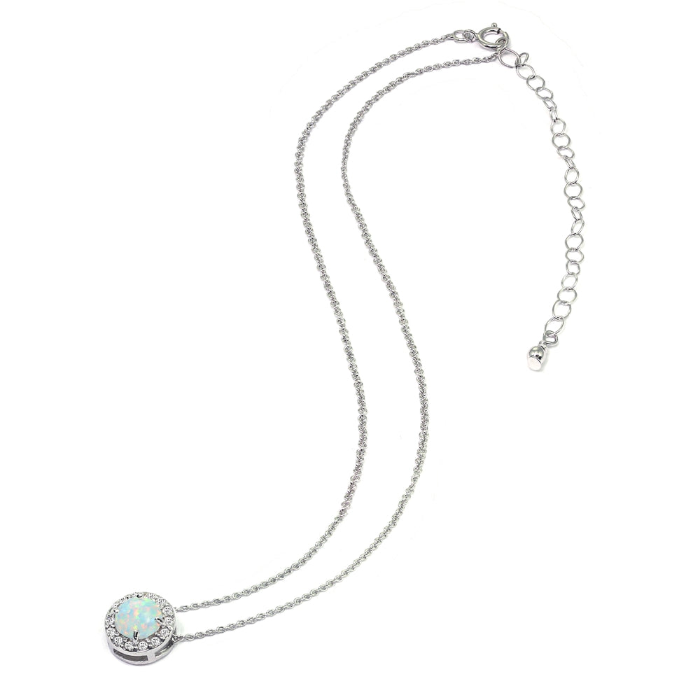 Sterling Silver Created Opal & White Topaz Round Halo Slide Choker Necklace-3