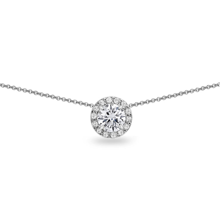Sterling Silver Cubic Zirconia Round Halo Slide Choker Necklace