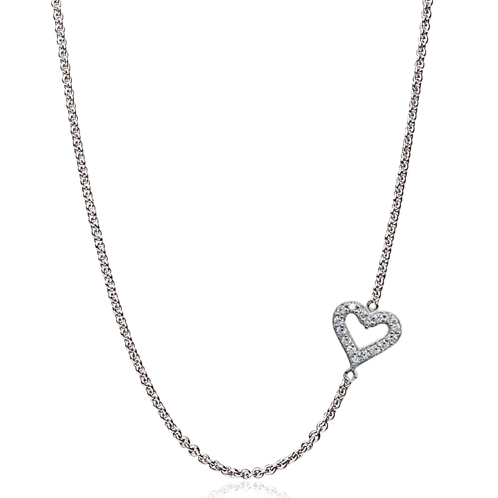 Sterling Silver Cubic Zirconia Dainty Heart Sideways Chain Necklace, 16" + Extender