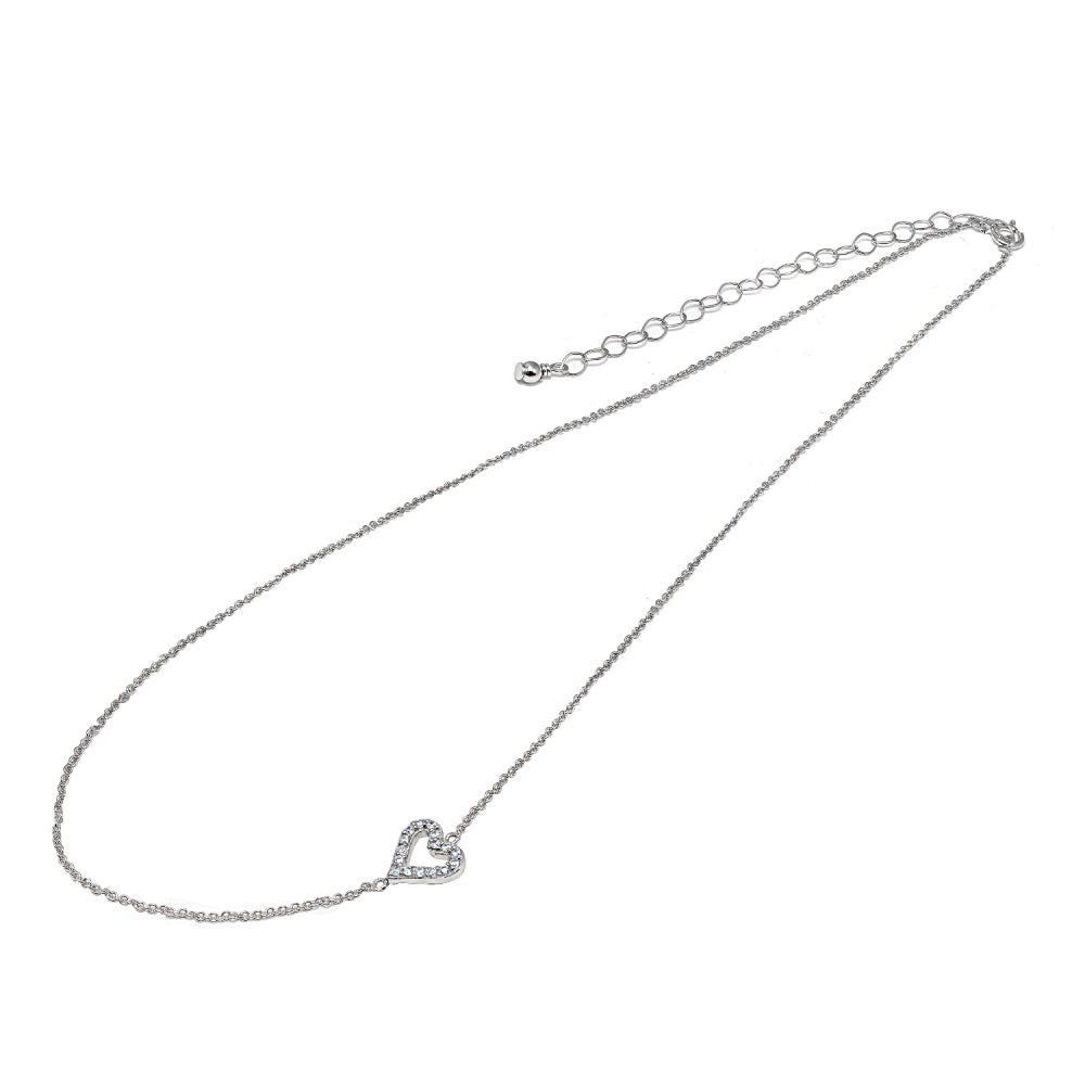 Sterling Silver Cubic Zirconia Dainty Heart Sideways Chain Necklace, 16" + Extender-2