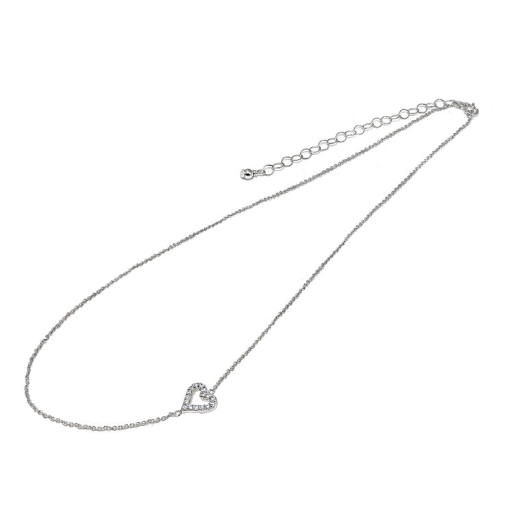 Sterling Silver Cubic Zirconia Dainty Heart Sideways Chain Necklace, 16" + Extender
