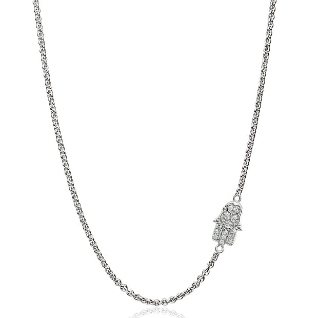 Sterling Silver Cubic Zirconia Hamsa Hand Sideways Chain Necklace, 16" + Extender