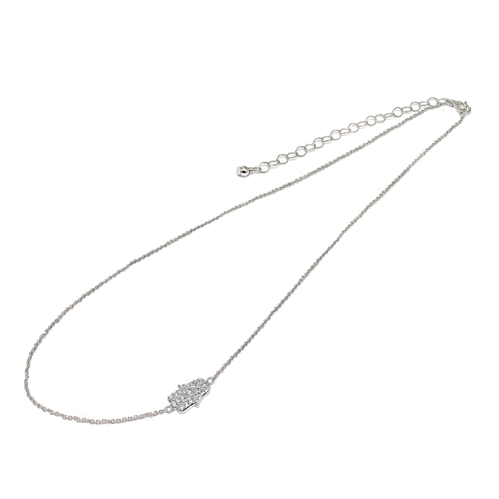Sterling Silver Cubic Zirconia Hamsa Hand Sideways Chain Necklace, 16" + Extender-2