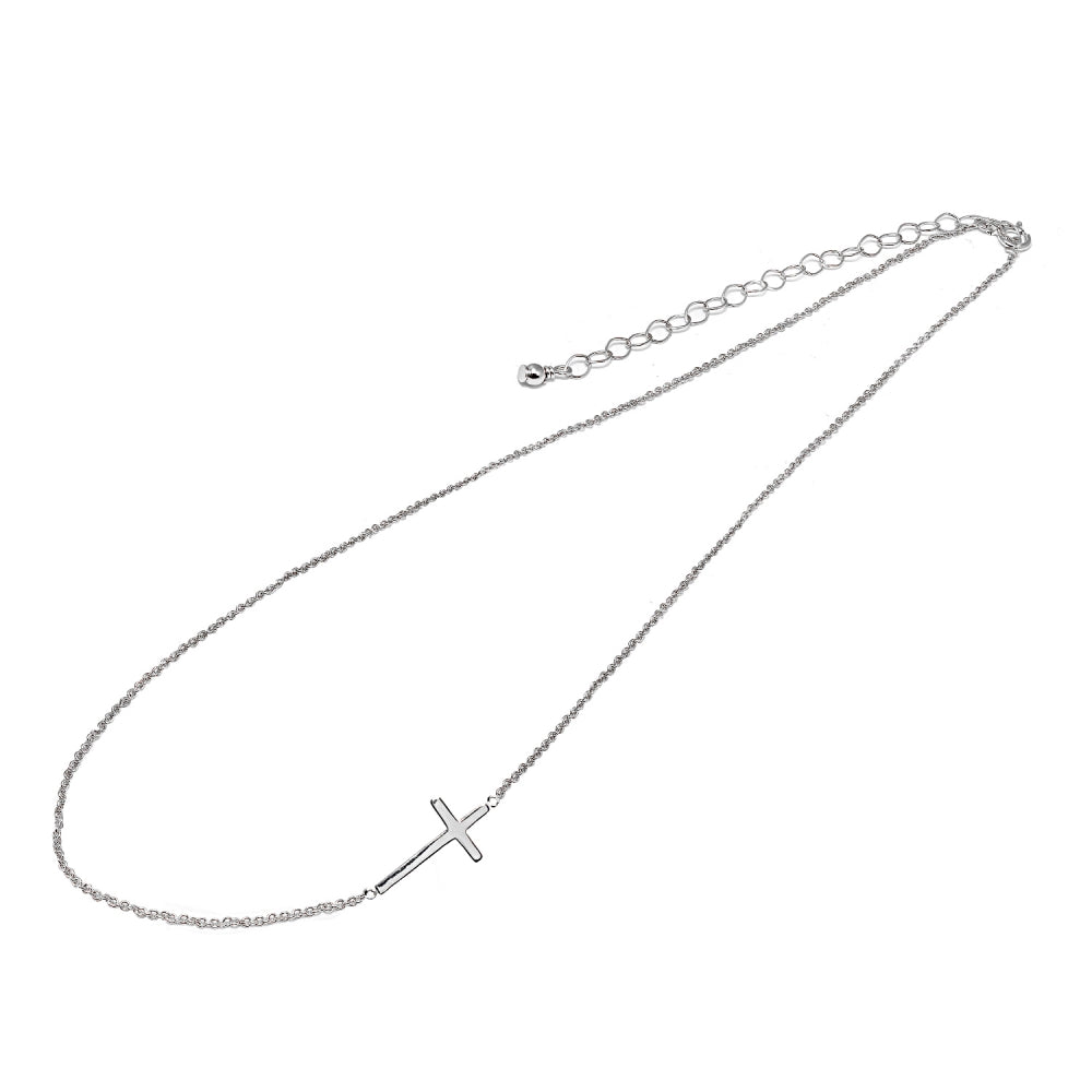 Sterling Silver Polished Cross Sideways Chain Necklace, 16" + Extender-2
