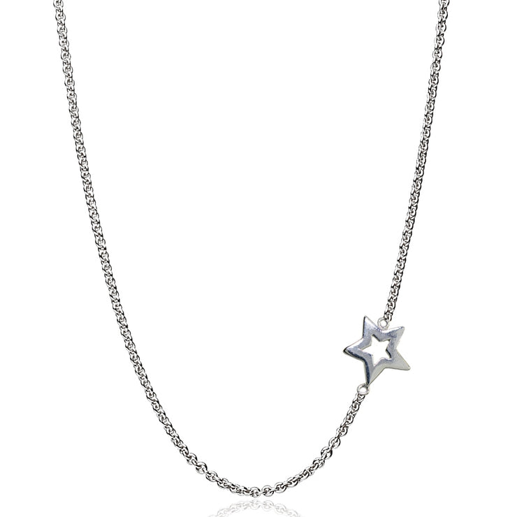 Sterling Silver Polished Open Star Sideways Chain Necklace, 16" + Extender