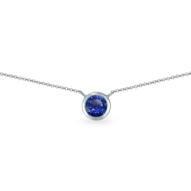 Sterling Silver Created Blue Sapphire 6mm Round Bezel-Set Dainty Choker Necklace