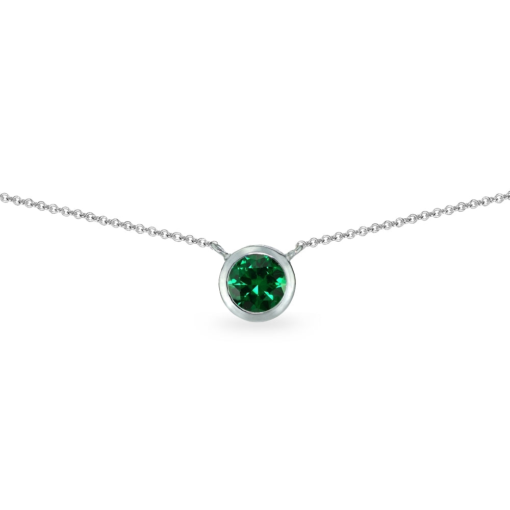 Sterling Silver Simulated Emerald 6mm Round Bezel-Set Dainty Choker Necklace