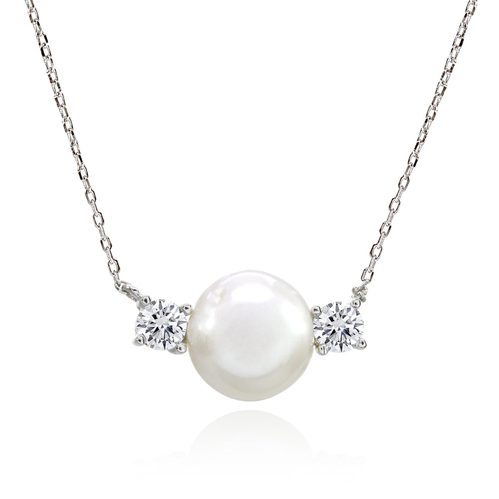 Sterling Silver Created White Pearl and  Cubic Zirconia 3-Stone Necklace