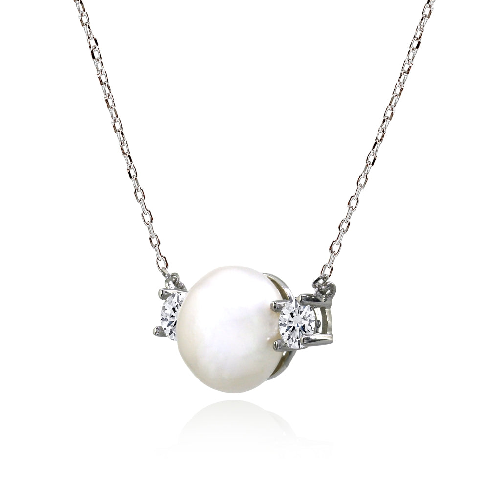 Sterling Silver Created White Pearl and  Cubic Zirconia 3-Stone Necklace-2
