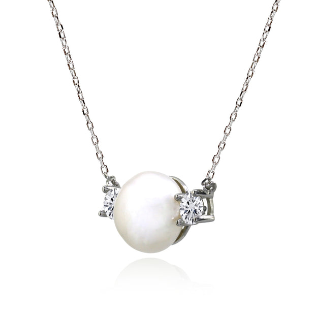 Sterling Silver Created White Pearl and  Cubic Zirconia 3-Stone Necklace