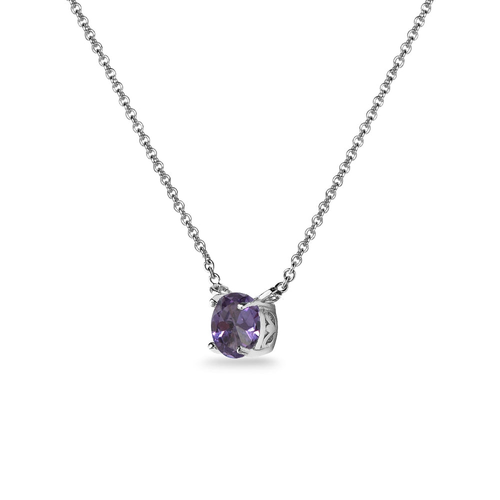 Sterling Silver Created Alexandrite 7mm Round-cut Dainty Choker Necklace-2