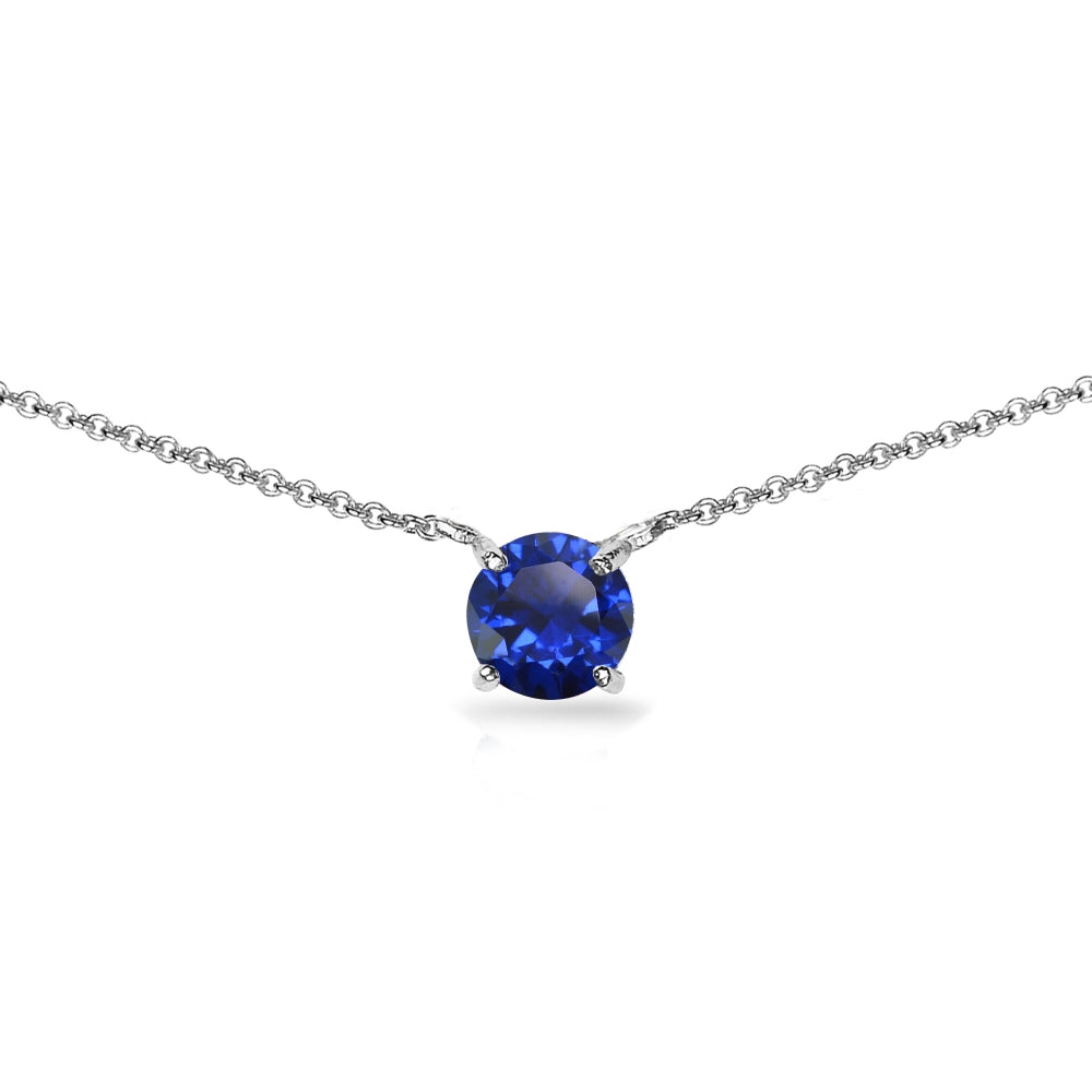 Sterling Silver Created Blue Sapphire 7mm Round-cut Dainty Choker Necklace