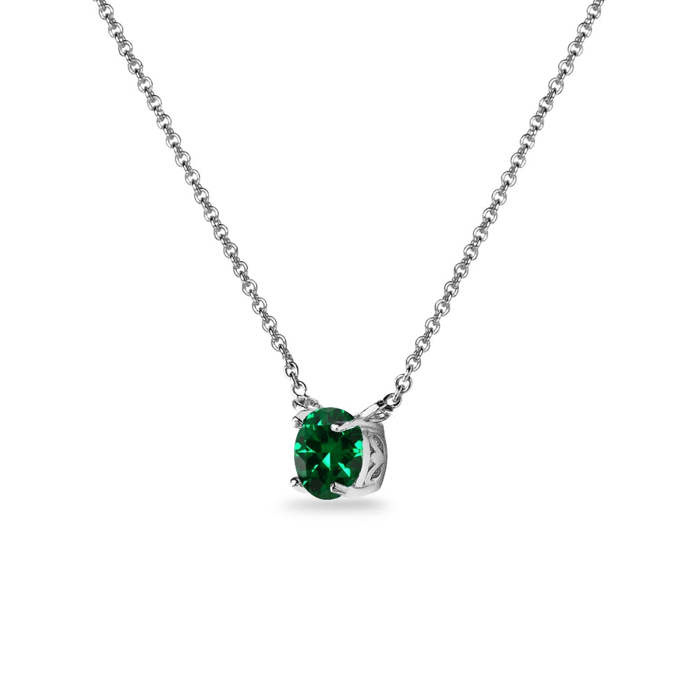 Sterling Silver Simulated Emerald 7mm Round-cut Dainty Choker Necklace-2