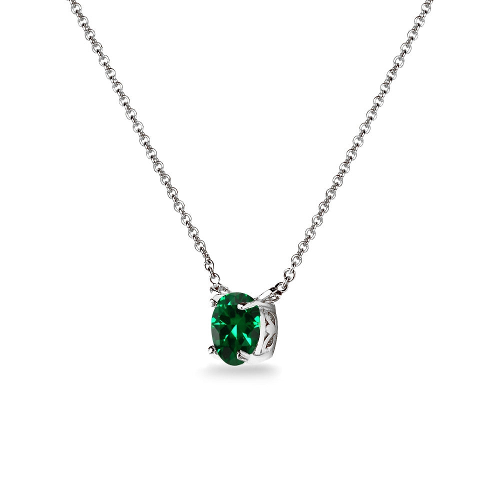 Sterling Silver Simulated Emerald 7x5mm Oval-cut Dainty Choker Necklace-2