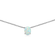 Sterling Silver Created White Opal 7x5mm Oval-cut Dainty Choker Necklace