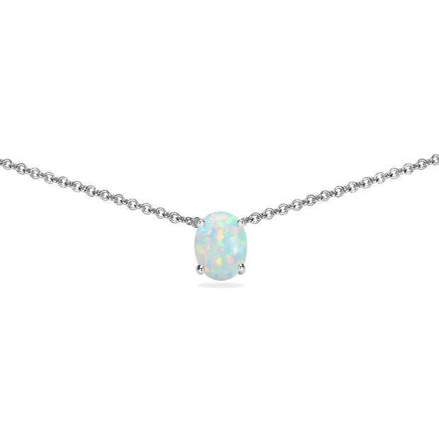 Sterling Silver Created White Opal 7x5mm Oval-cut Dainty Choker Necklace