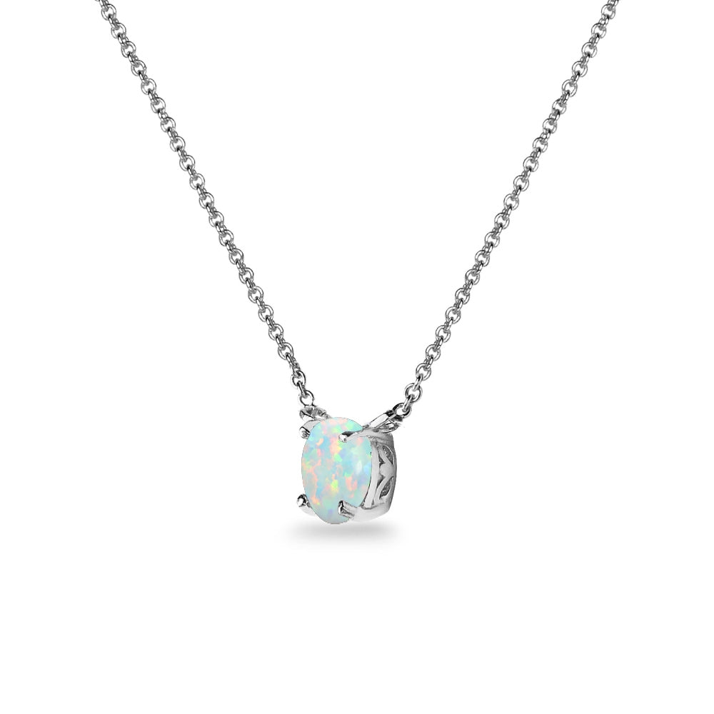 Sterling Silver Created White Opal 7x5mm Oval-cut Dainty Choker Necklace-2