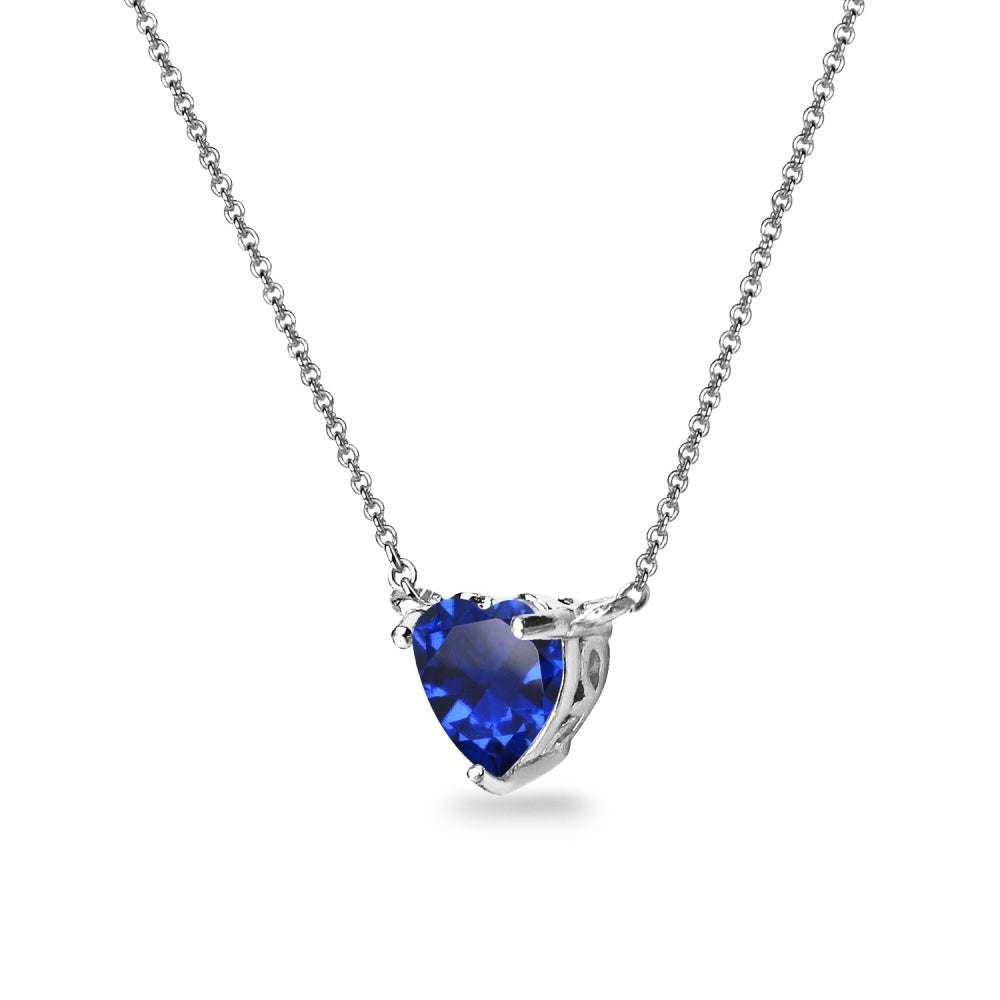 Sterling Silver Created Blue Sapphire 7x7mm Heart Shaped Dainty Choker Necklace-2