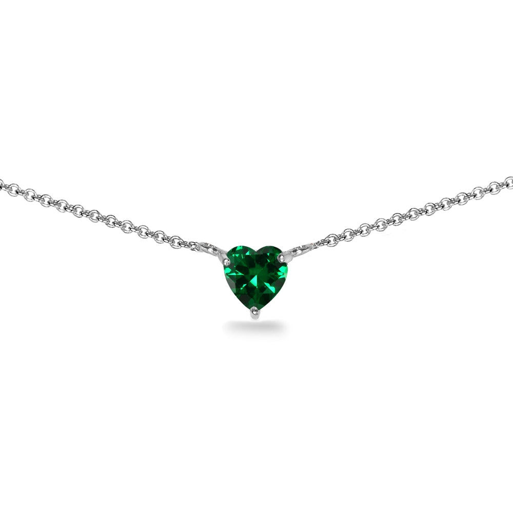 Sterling Silver Simulated Emerald 7x7mm Heart Shaped Dainty Choker Necklace
