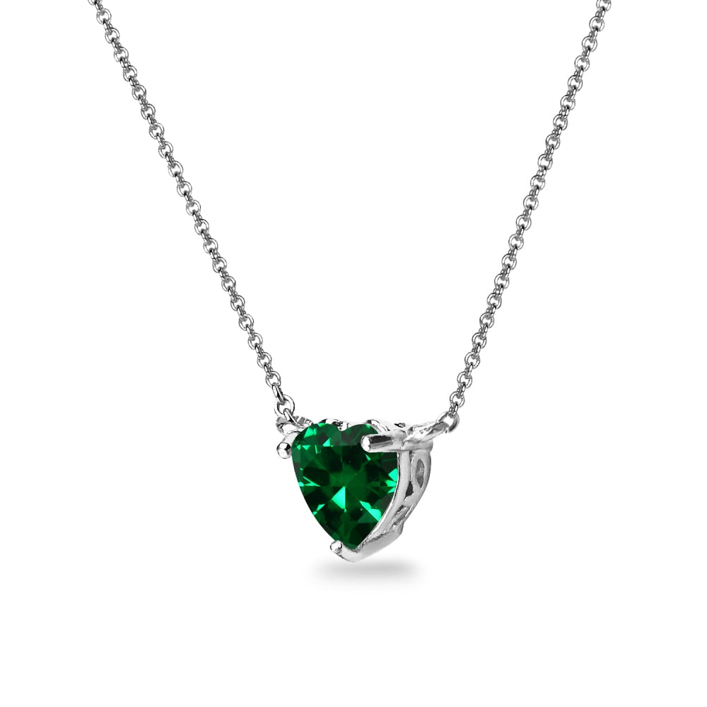Sterling Silver Simulated Emerald 7x7mm Heart Shaped Dainty Choker Necklace-2
