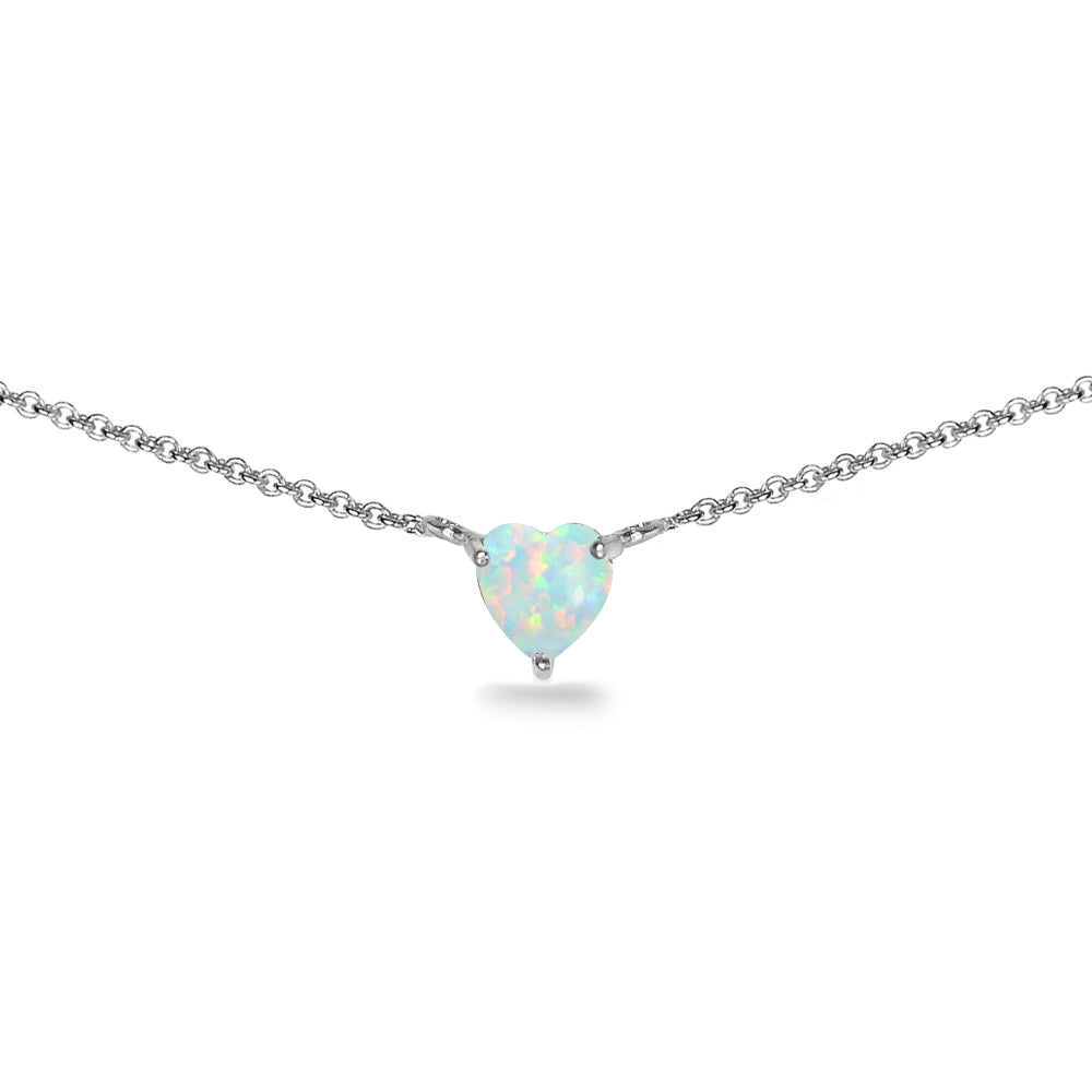 Sterling Silver Created White Opal 7x7mm Heart Shaped Dainty Choker Necklace