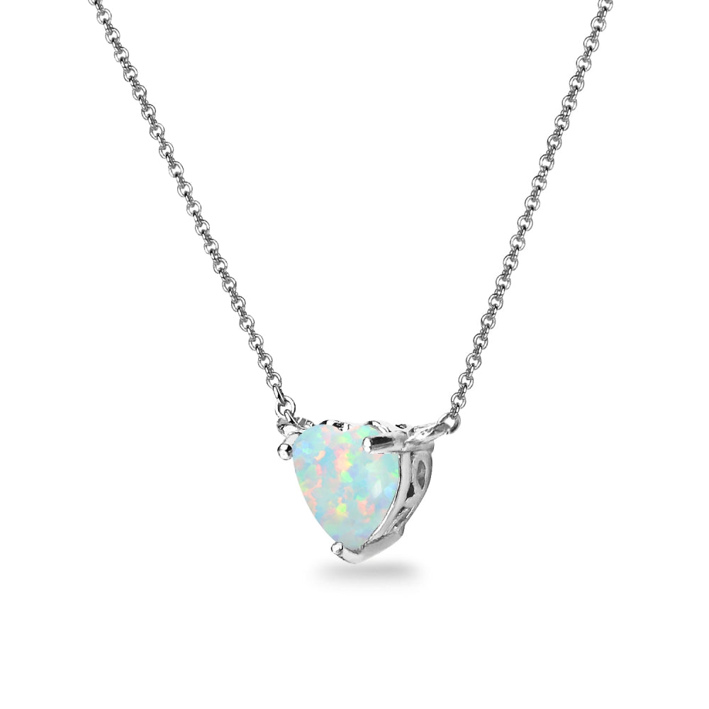 Sterling Silver Created White Opal 7x7mm Heart Shaped Dainty Choker Necklace-2