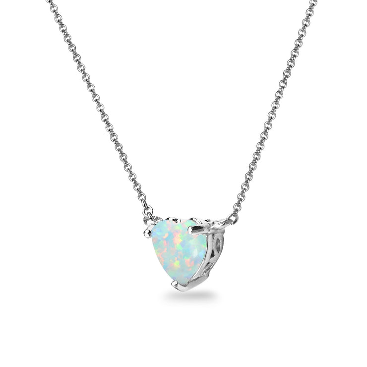 Sterling Silver Created White Opal 7x7mm Heart Shaped Dainty Choker Necklace
