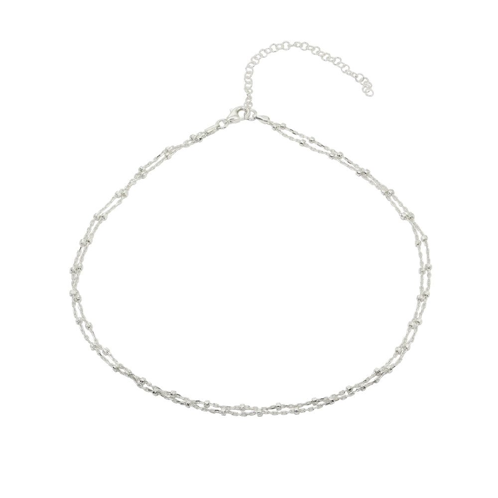 Sterling Silver Italian Bead and Link Double Strand Chain Choker Necklace