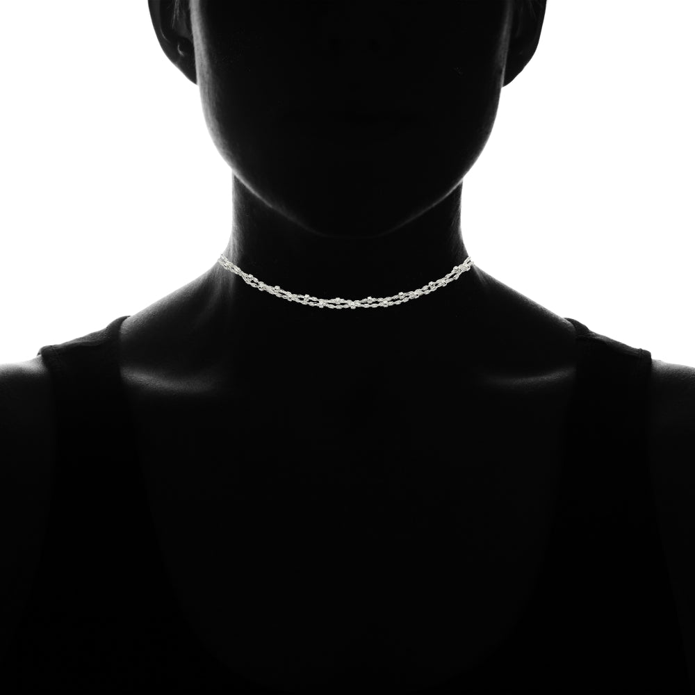 Sterling Silver Italian Bead and Link Double Strand Chain Choker Necklace-3