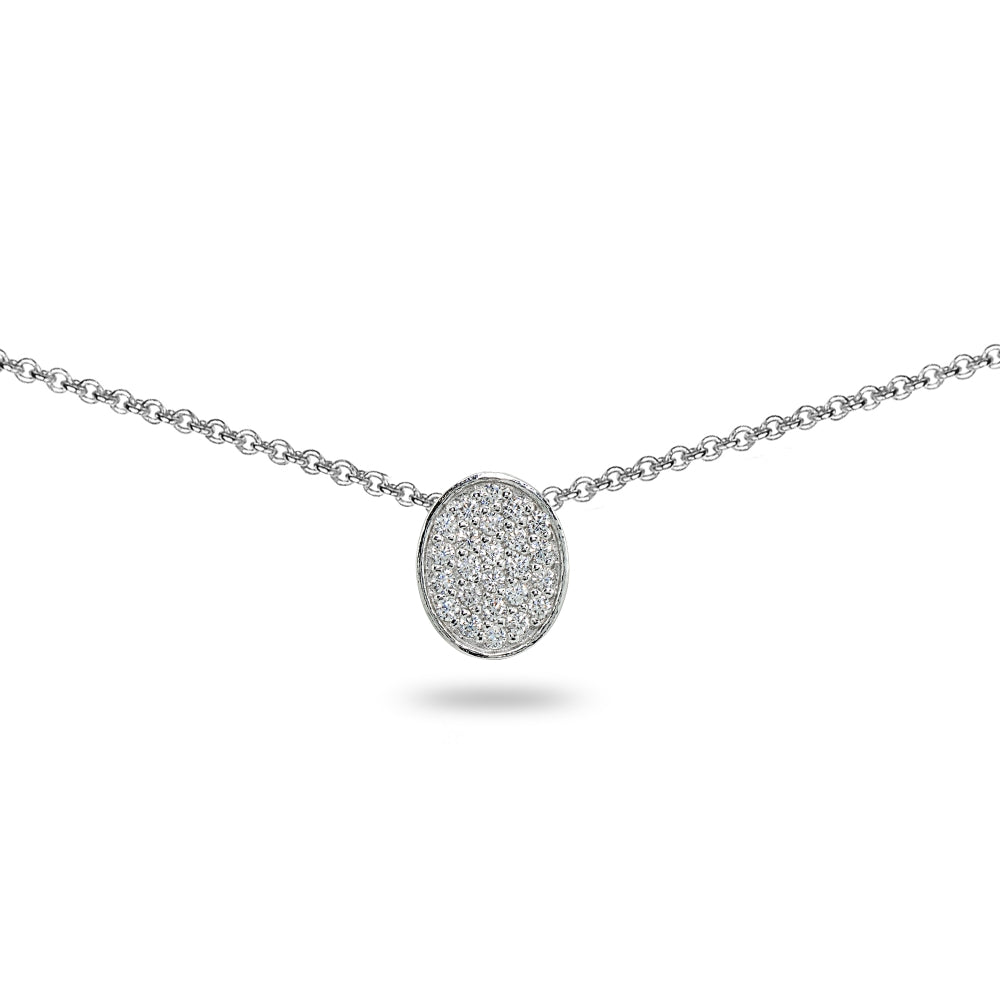 Sterling Silver Cubic Zirconia Oval Pave Dainty Choker Necklace