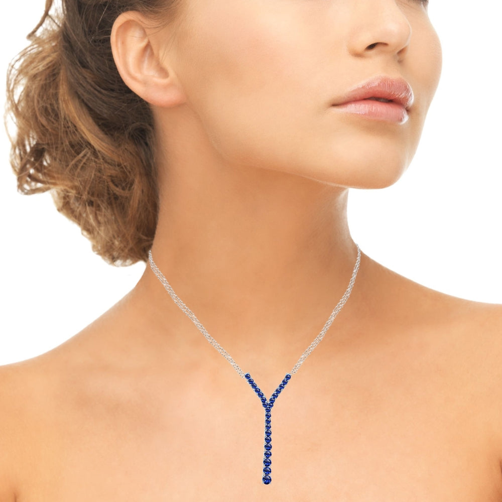 Sterling Silver Created Blue Sapphire Round Graduated Statement Lariat Y-Necklace-2