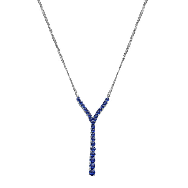 Sterling Silver Created Blue Sapphire Round Graduated Statement Lariat Y-Necklace