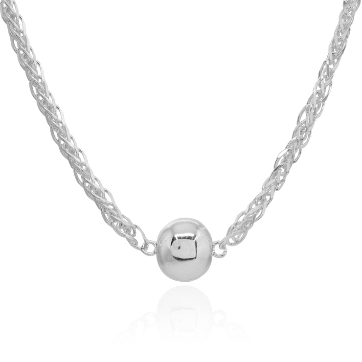 Sterling Silver Polished Round Ball Bead Wheat Spiga Chain Necklace, 17 Inch