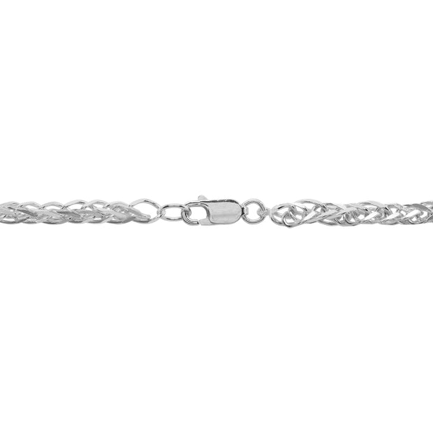 Sterling Silver Polished Round Ball Bead Wheat Spiga Chain Necklace, 17 Inch