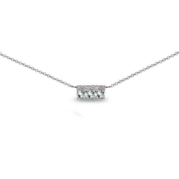 Sterling Silver Light Aquamarine & Cubic Zirconia Round Three Stone Dainty Bar Choker Necklace