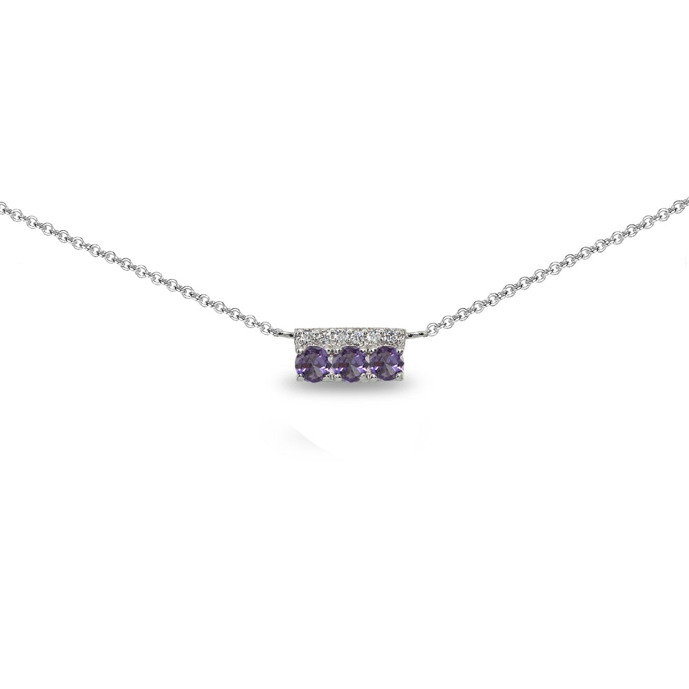Sterling Silver Created Alexandrite & Cubic Zirconia Round Three Stone Dainty Bar Choker Necklace
