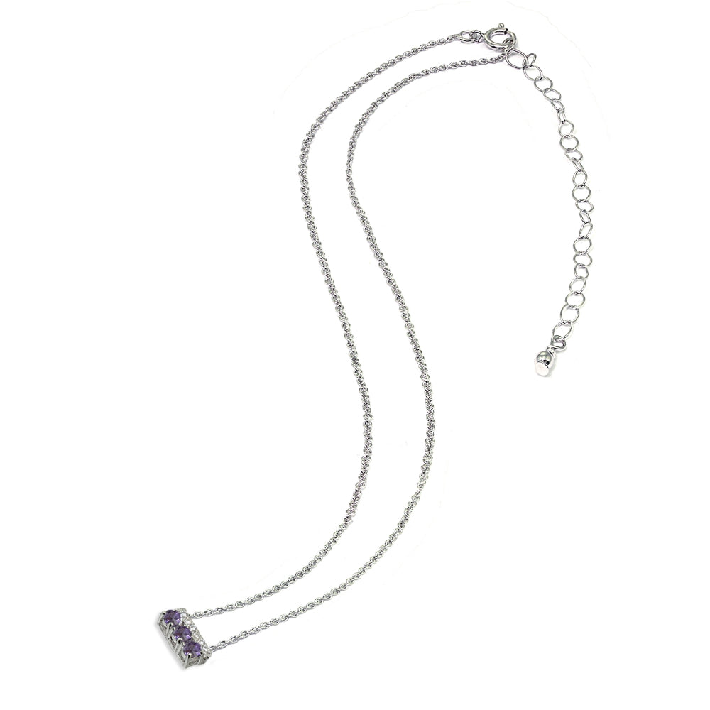 Sterling Silver Created Alexandrite & Cubic Zirconia Round Three Stone Dainty Bar Choker Necklace-4