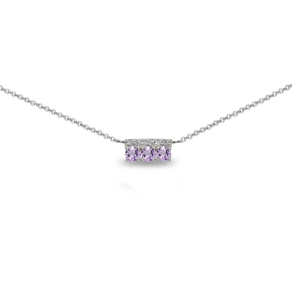 Sterling Silver Amethyst & Cubic Zirconia Round Three Stone Dainty Bar Choker Necklace