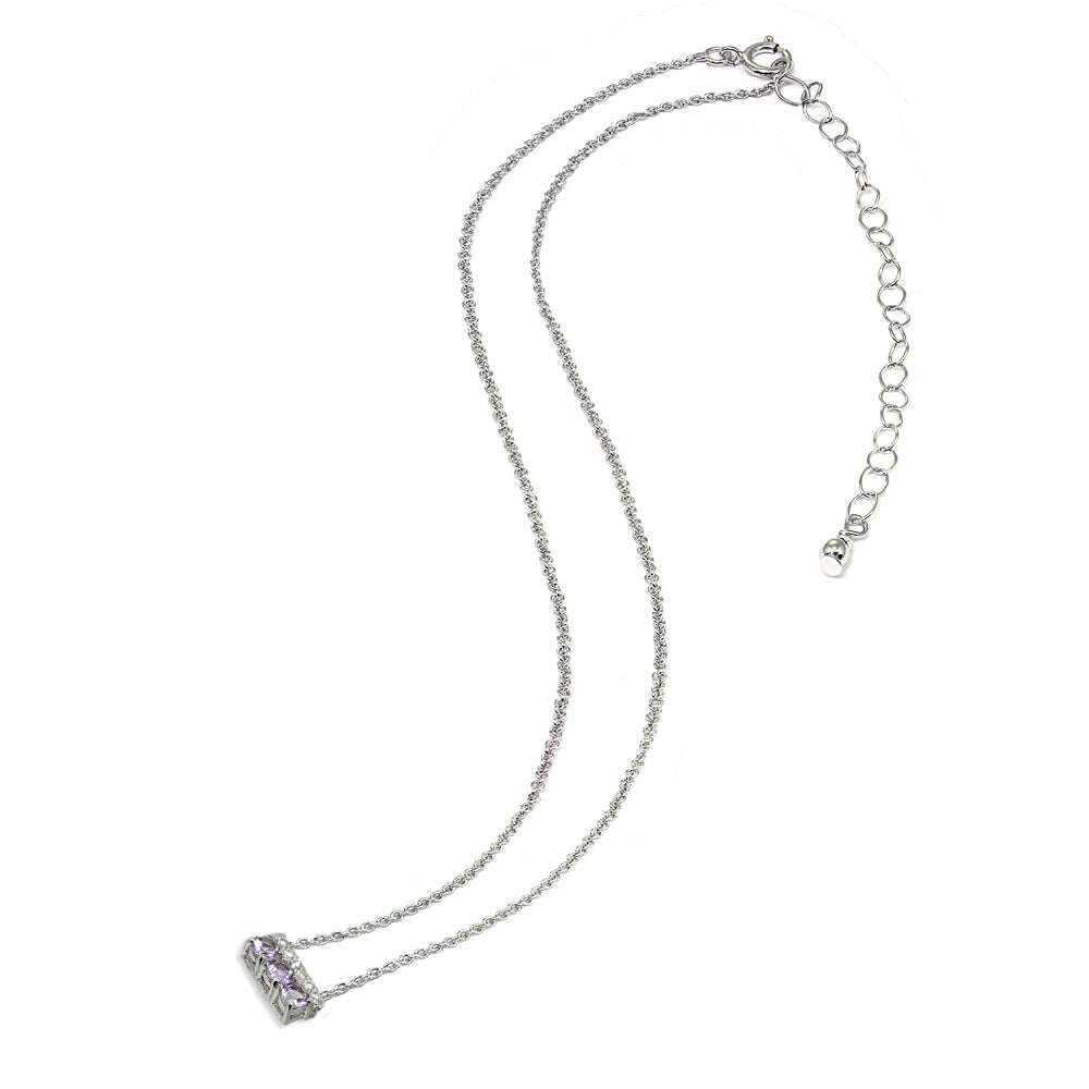Sterling Silver Amethyst & Cubic Zirconia Round Three Stone Dainty Bar Choker Necklace-4