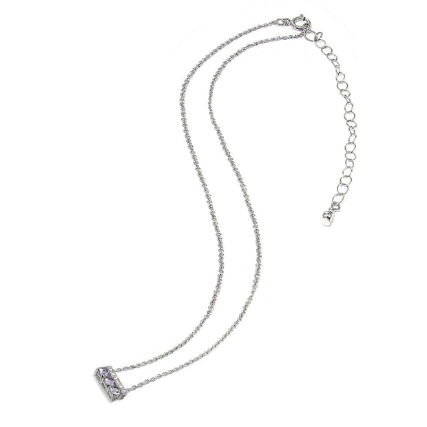 Sterling Silver Amethyst & Cubic Zirconia Round Three Stone Dainty Bar Choker Necklace