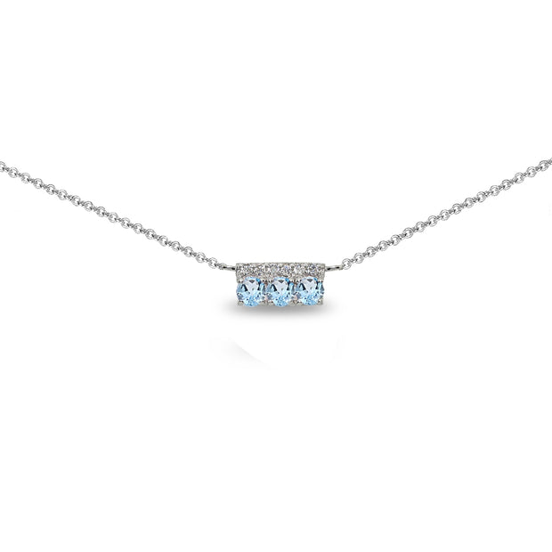 Sterling Silver Blue Topaz & Cubic Zirconia Round Three Stone Dainty Bar Choker Necklace