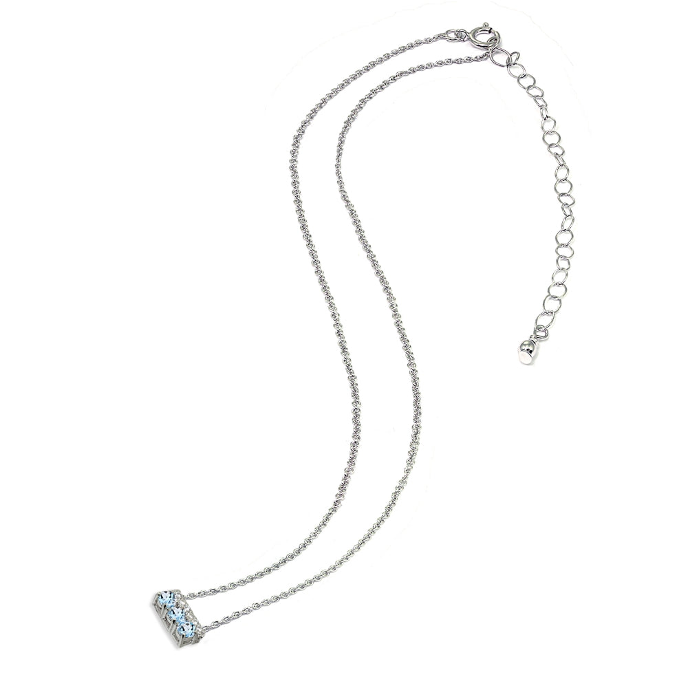 Sterling Silver Blue Topaz & Cubic Zirconia Round Three Stone Dainty Bar Choker Necklace-4