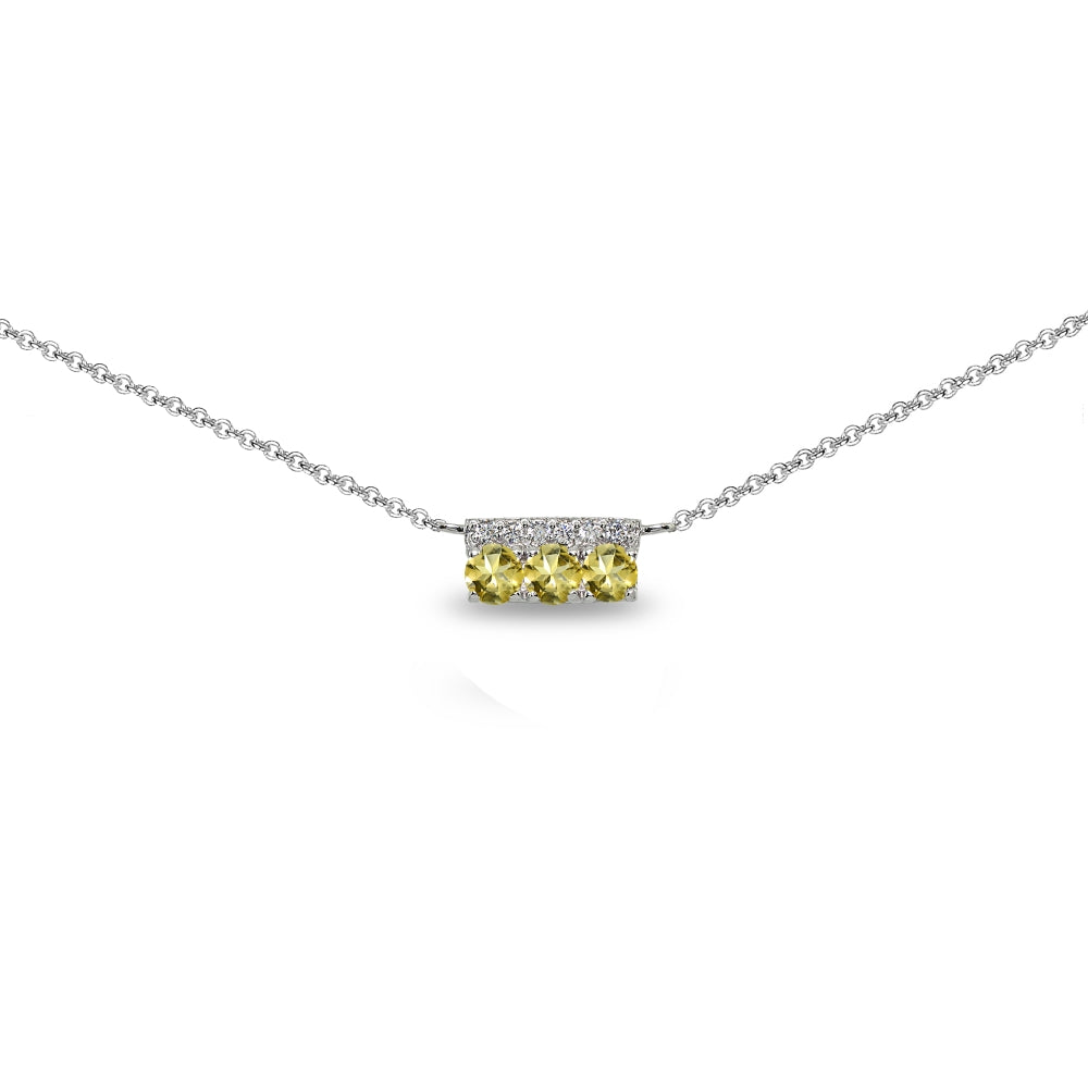 Sterling Silver Citrine & Cubic Zirconia Round Three Stone Dainty Bar Choker Necklace