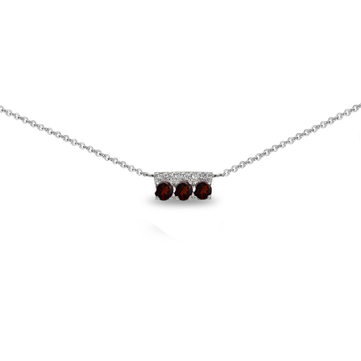 Sterling Silver Garnet & Cubic Zirconia Round Three Stone Dainty Bar Choker Necklace
