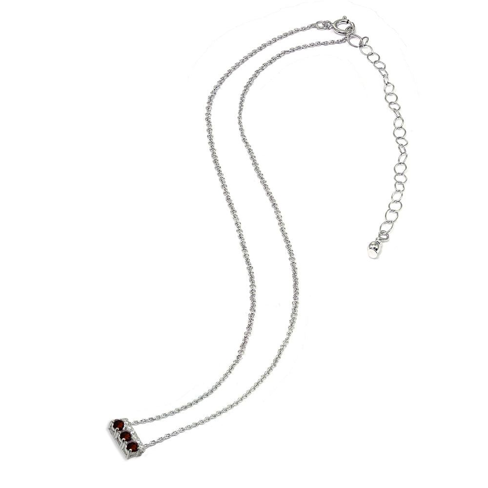 Sterling Silver Garnet & Cubic Zirconia Round Three Stone Dainty Bar Choker Necklace-4