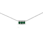 Sterling Silver Created Emerald & Cubic Zirconia Round Three Stone Dainty Bar Choker Necklace