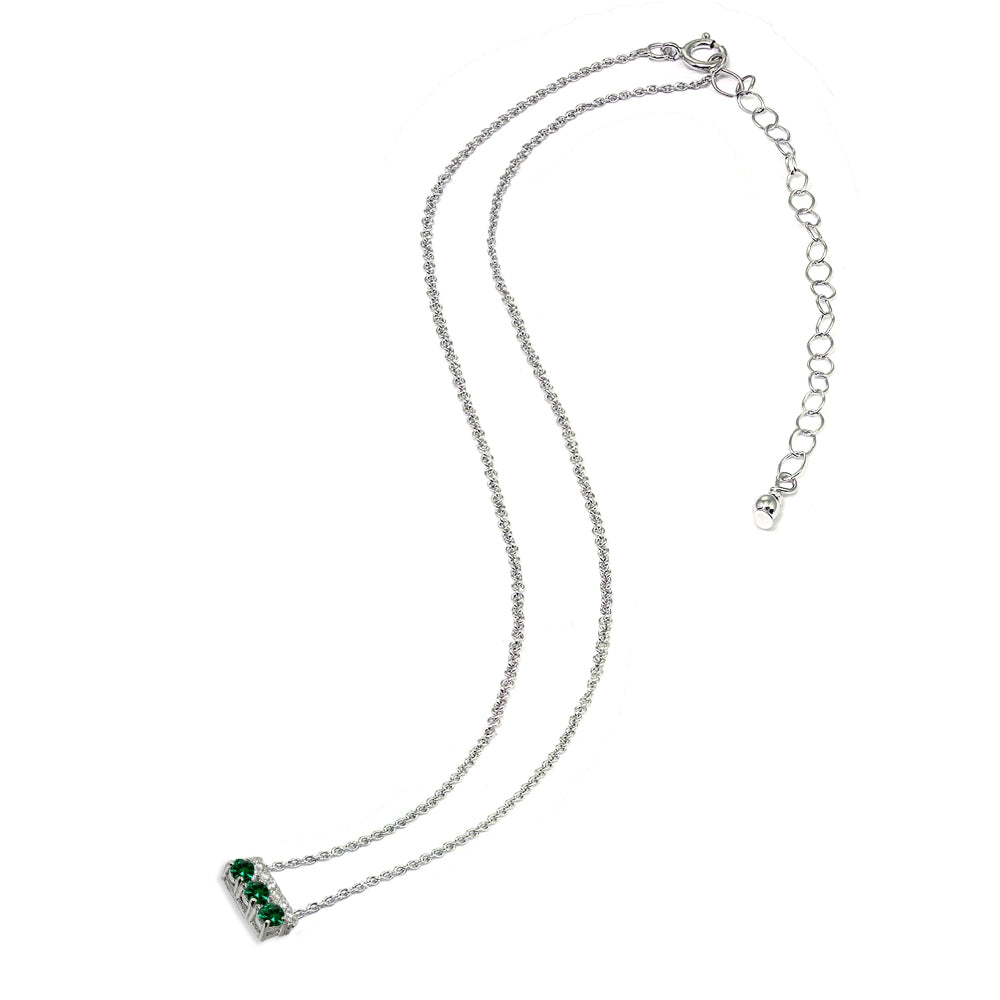 Sterling Silver Created Emerald & Cubic Zirconia Round Three Stone Dainty Bar Choker Necklace-3