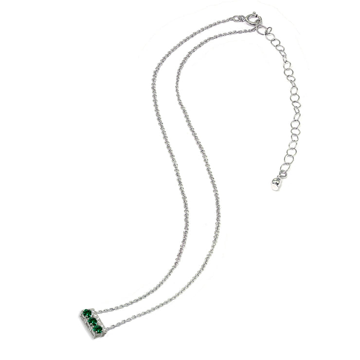 Sterling Silver Created Emerald & Cubic Zirconia Round Three Stone Dainty Bar Choker Necklace