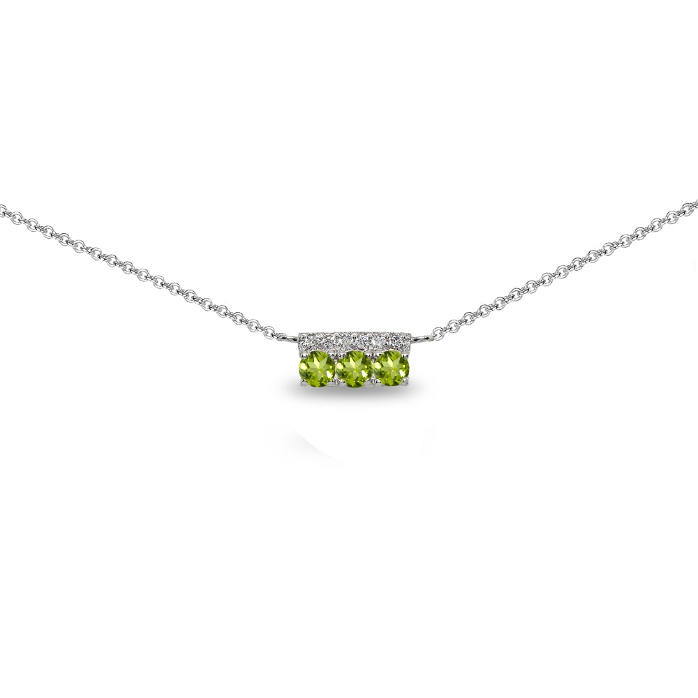 Sterling Silver Peridot & Cubic Zirconia Round Three Stone Dainty Bar Choker Necklace